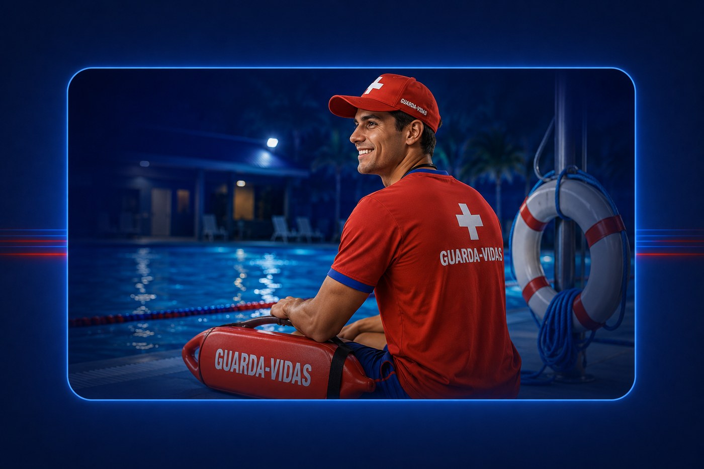 Guarda-vidas profissional em pé de piscina à noite
