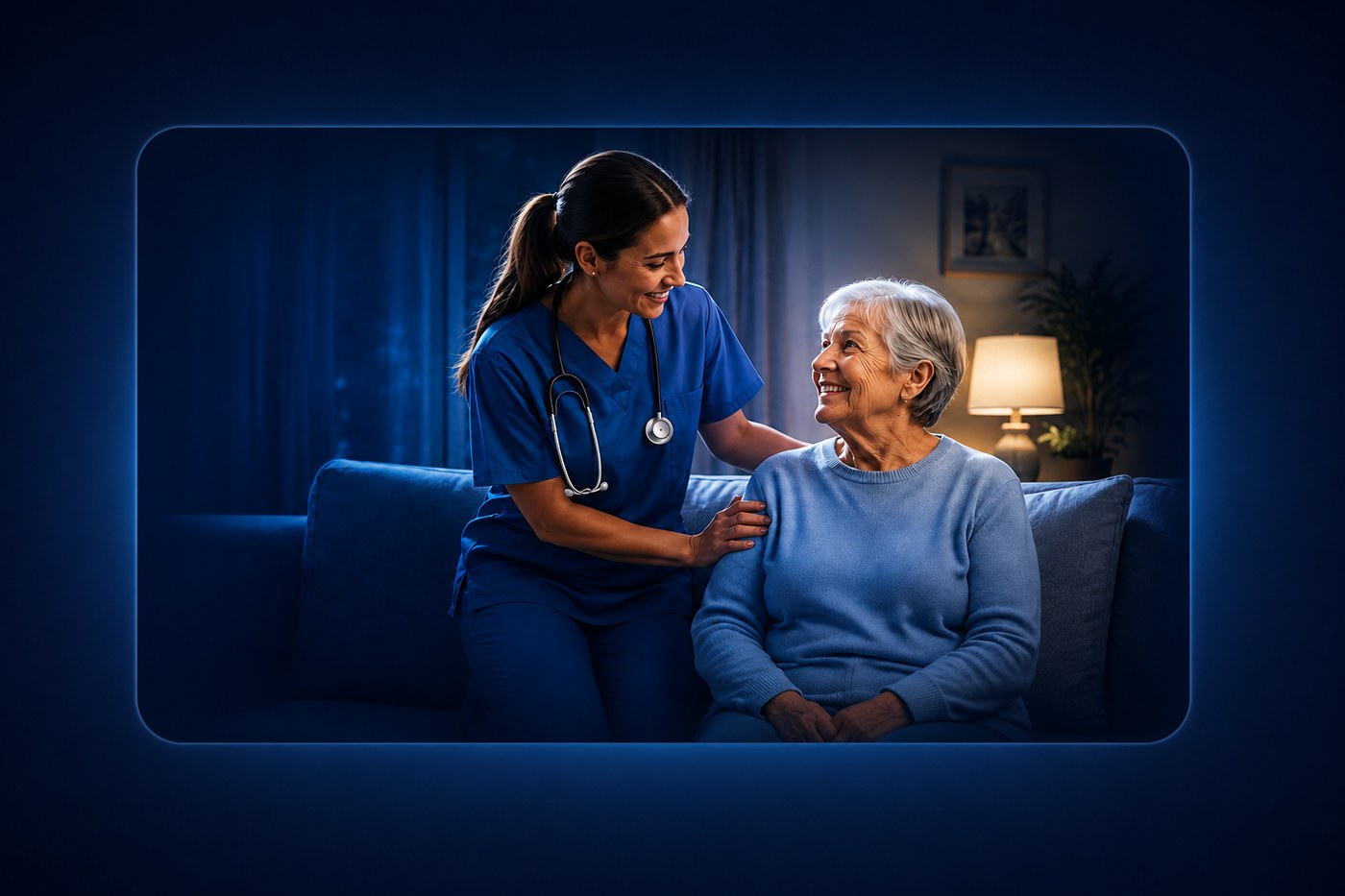 Profissional de Home Care cuidando de paciente idosa em casa